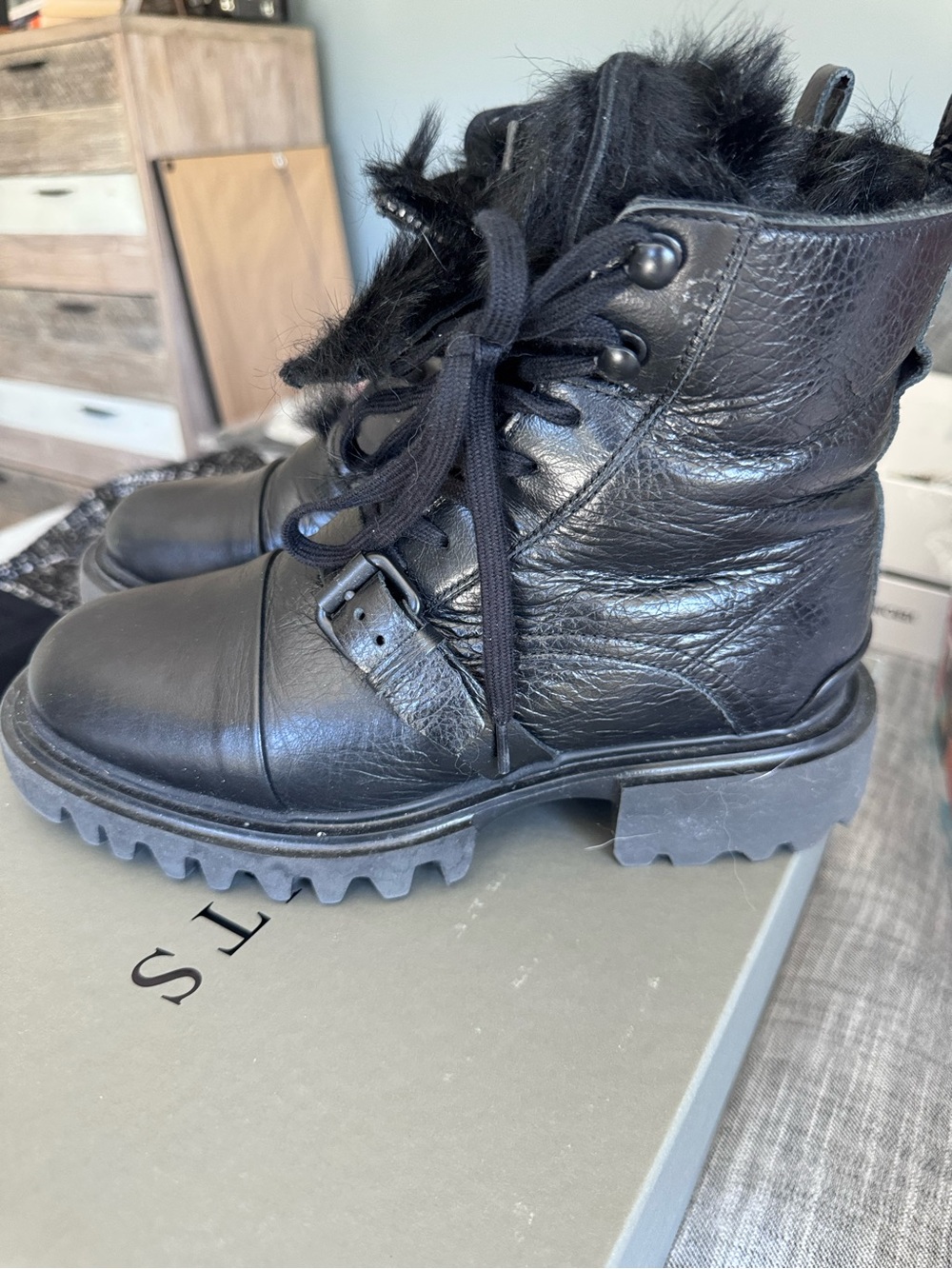 AllSaints Black Fur-Trim Combat Boots - Women's Leather Lace-Up